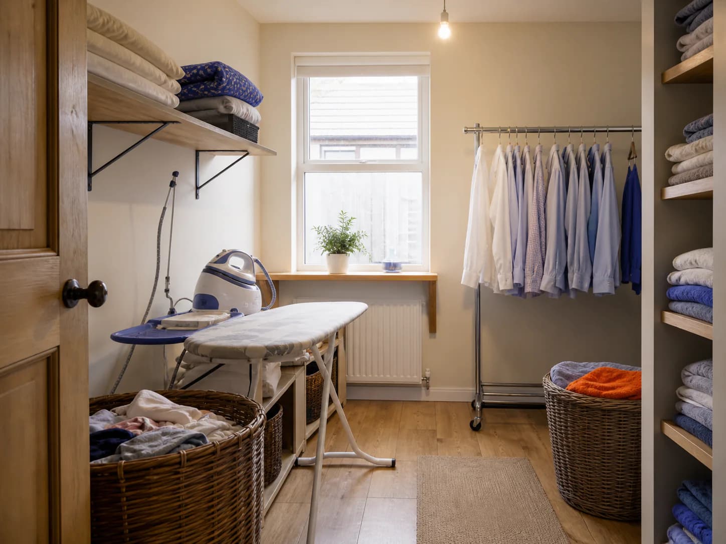 The home ironing room, with board, steam iron and rails of finished garments
