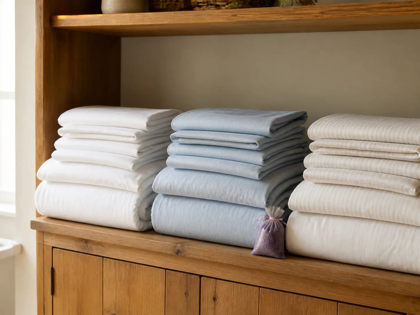 Pressed and folded bedding sets stacked neatly on a linen shelf