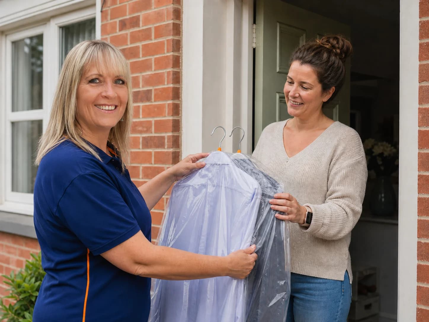Finished ironing being handed back to a customer at the door