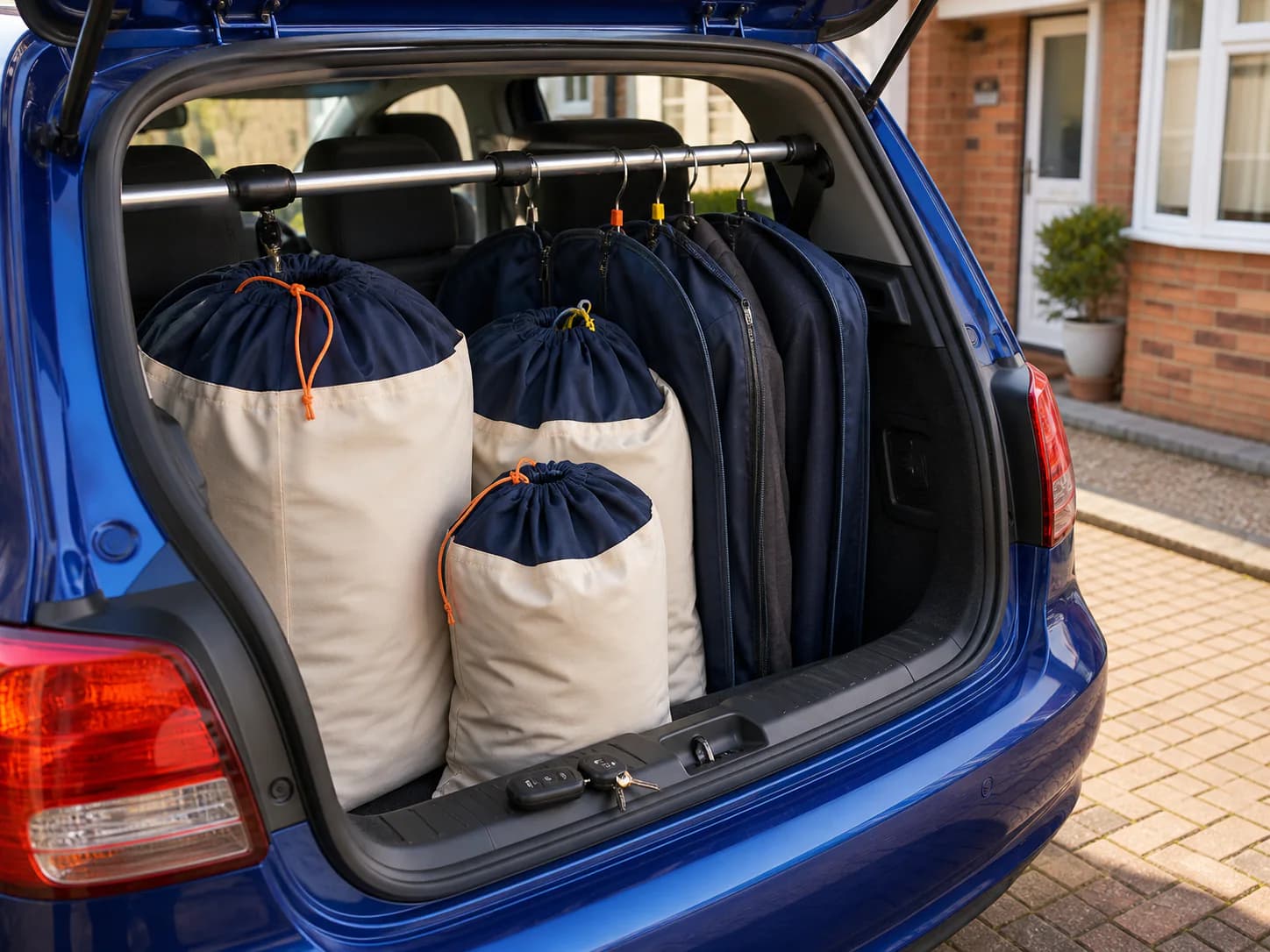 Reusable laundry bags and covered garments loaded neatly in the collection car