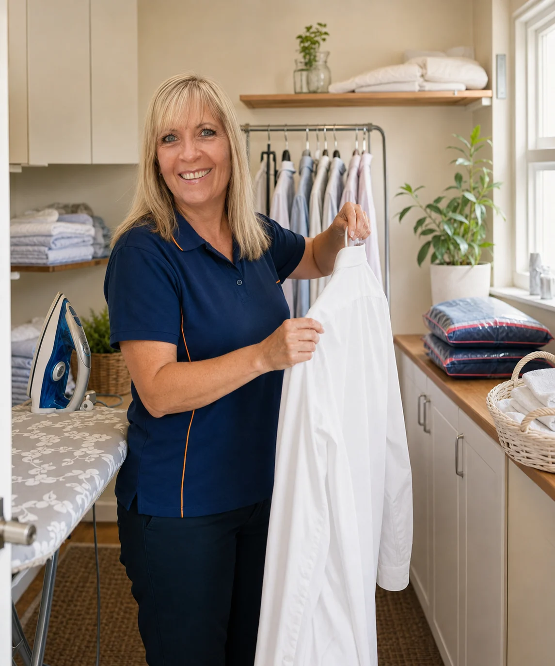 Christine Cawthron, owner of Chrissy's Ironing Service, in her home ironing room