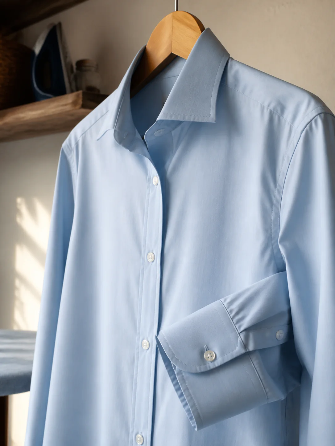 A pressed cotton shirt on a hanger with a crisp collar and cuffs