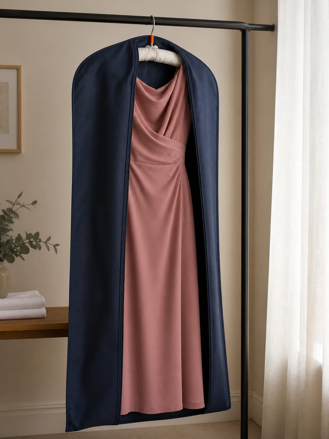 A steamed occasion dress hanging full length after pressing