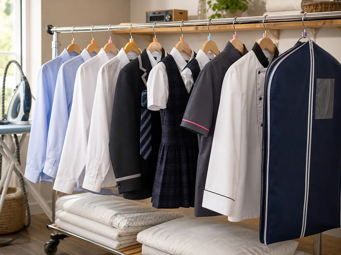 A rail of freshly pressed shirts, bedding and workwear ready for delivery