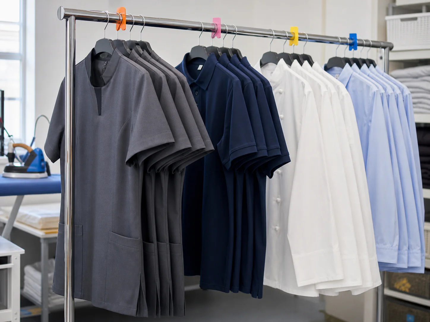 Pressed workwear tunics and polo shirts on a rail, labelled by staff name