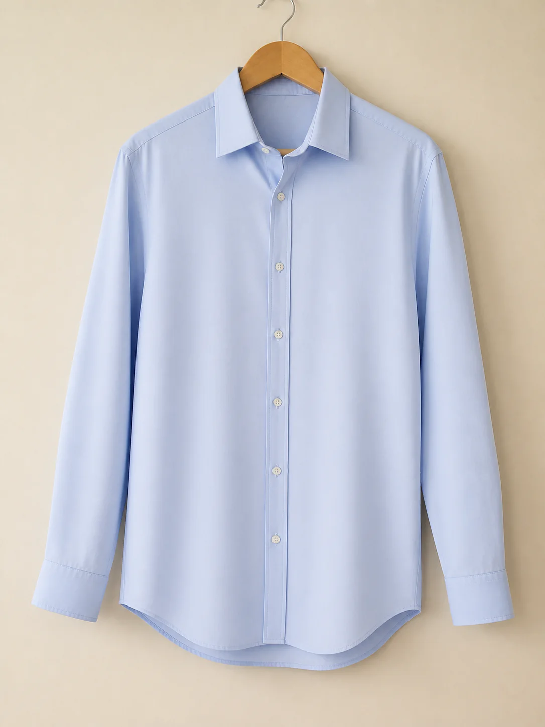 The same cotton work shirt pressed, with a crisp collar and cuffs