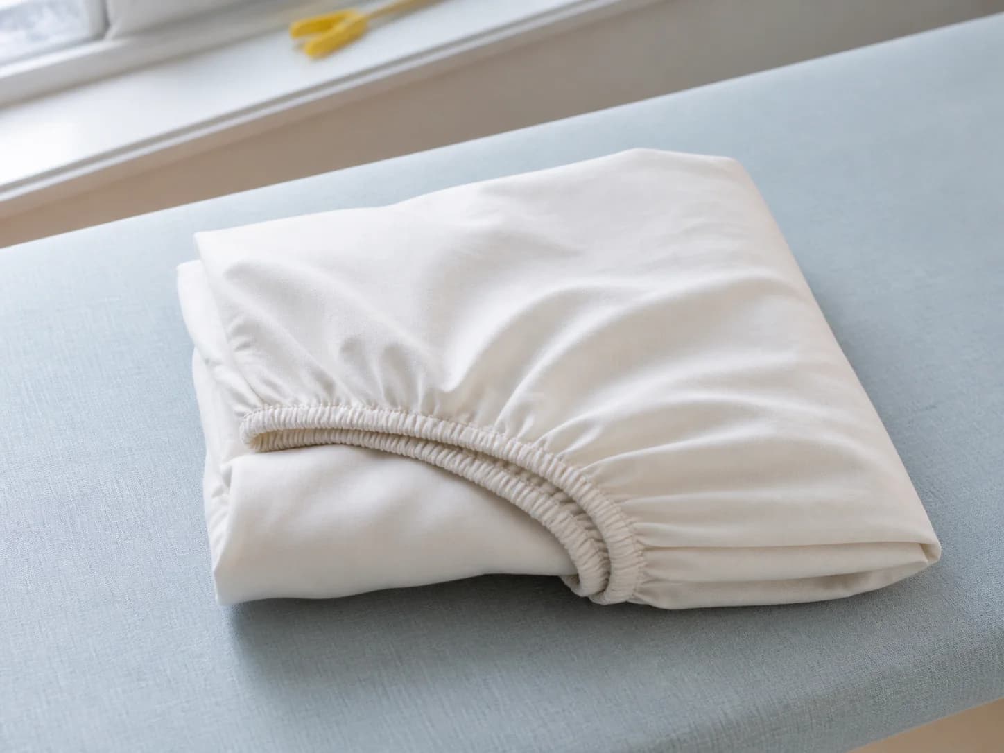 A fitted sheet folded into a flat square after pressing