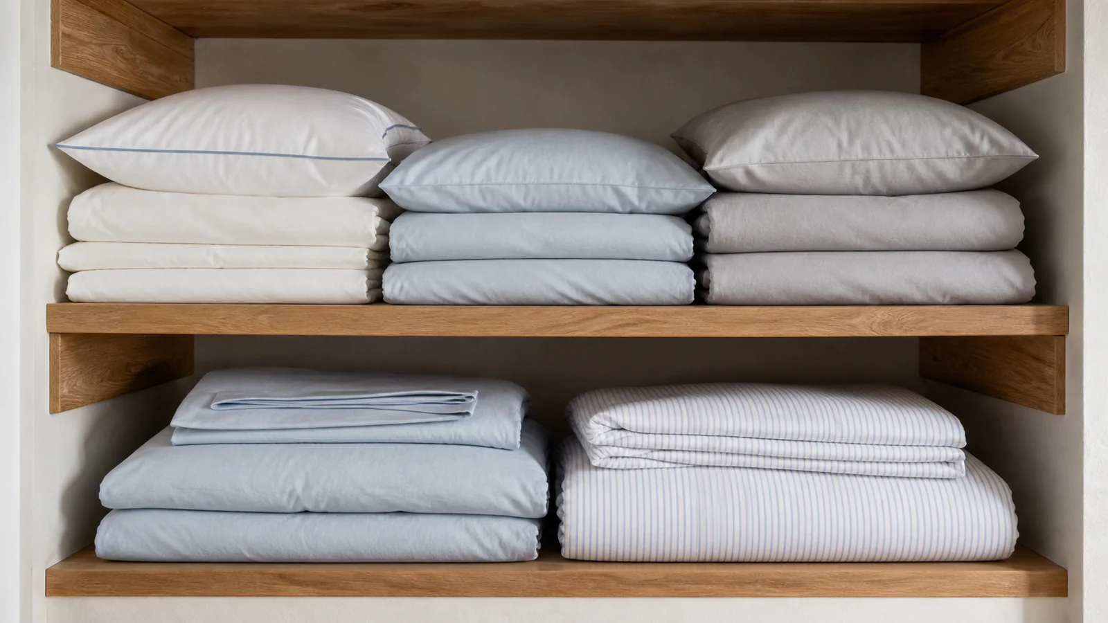 A stack of pressed and folded bedding sets on a linen shelf