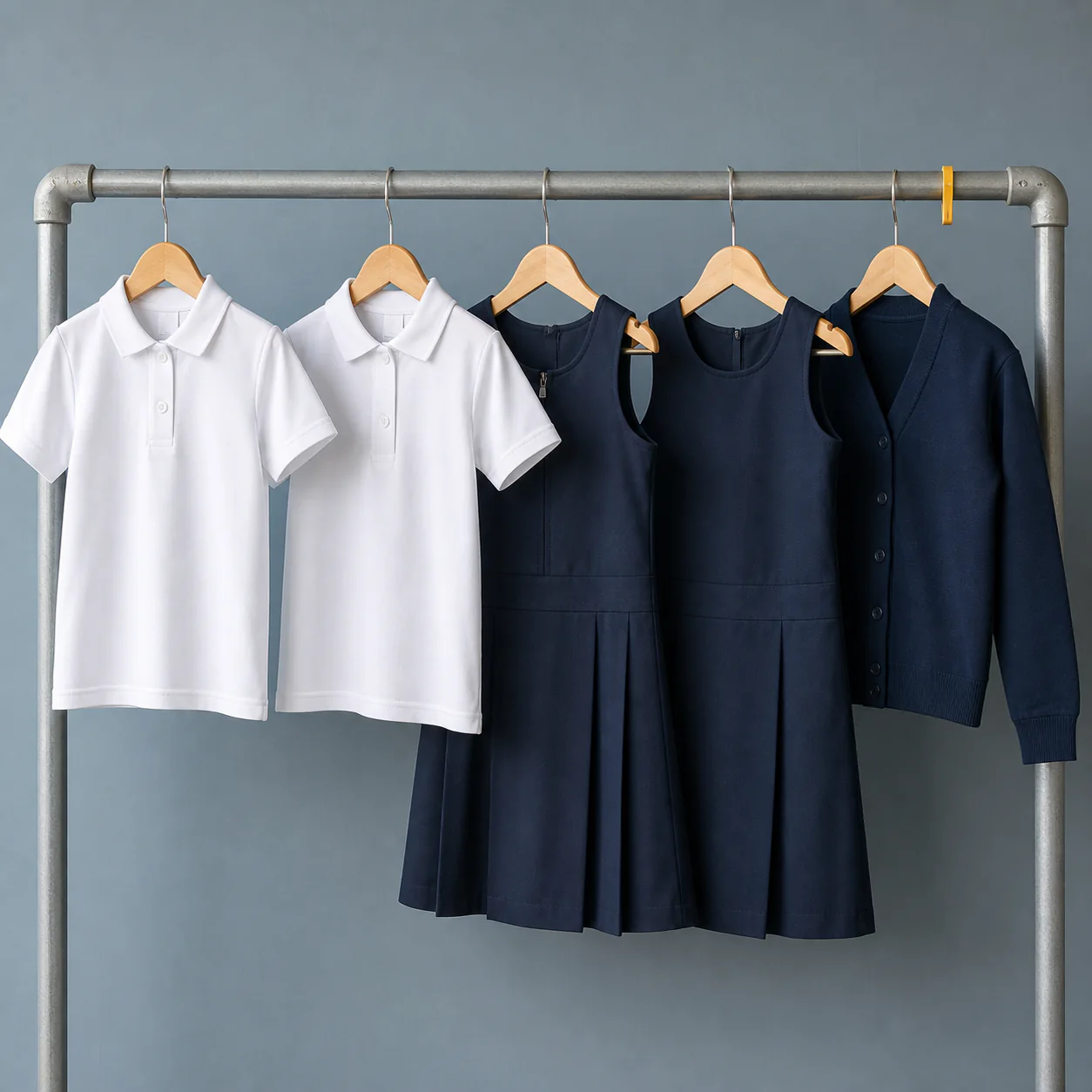 School uniform polo shirts and pinafores pressed and hung