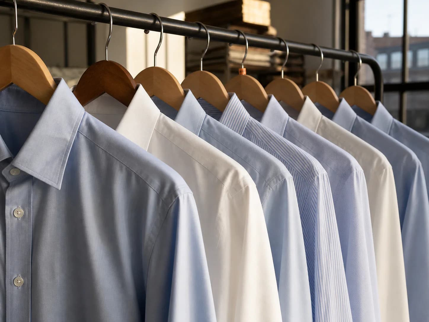 A rail of pressed work shirts ready for delivery