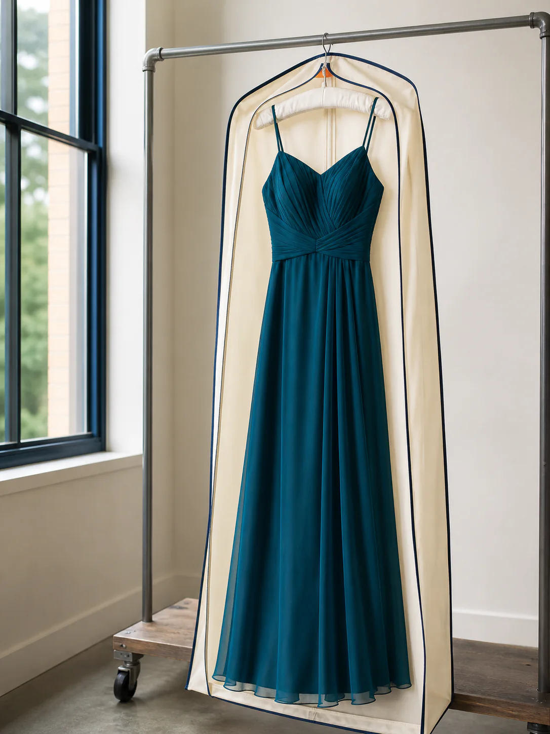 A prom dress steamed and hanging full length after pressing