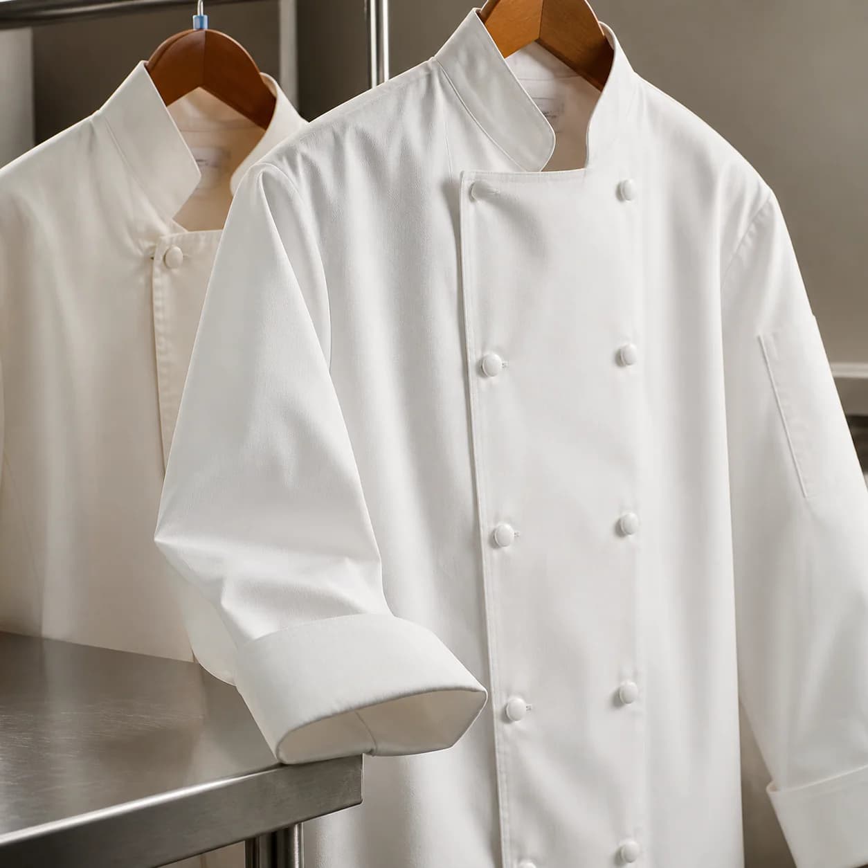 Chef whites pressed with crisp collars and cuffs