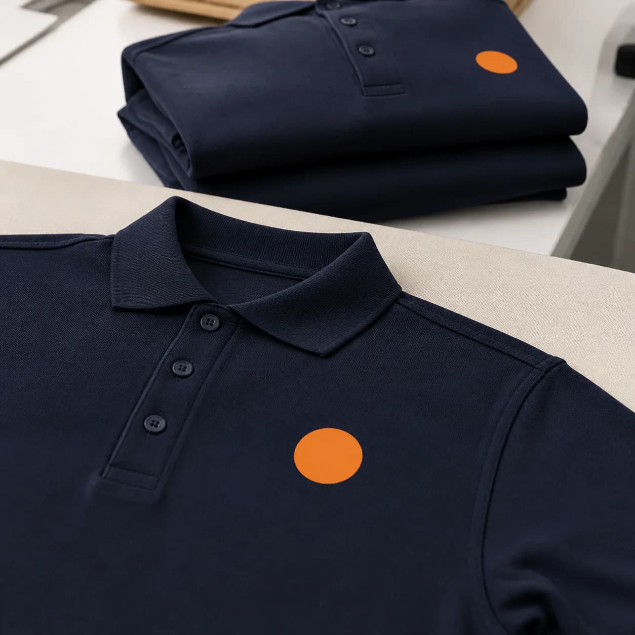 Branded work polo shirts pressed without damage to the printed logo