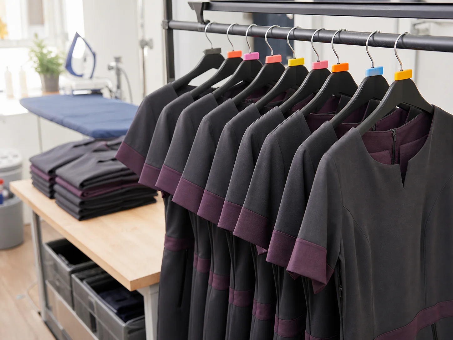 A rail of pressed salon tunics labelled by staff name